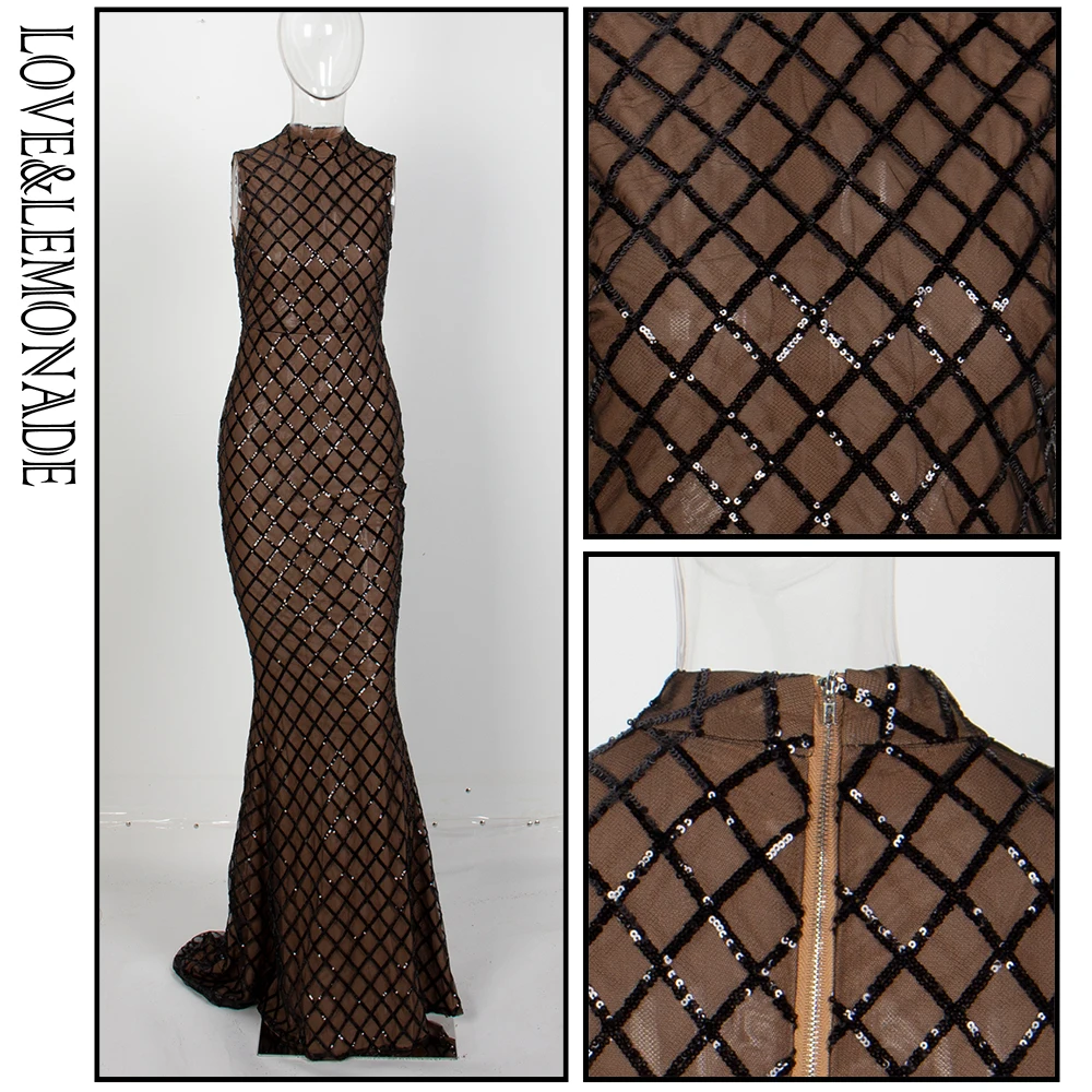 LOVE & LEMONADE Stand Slim-Fit Sleeveless Plaid Sequins Long Dress LM81291