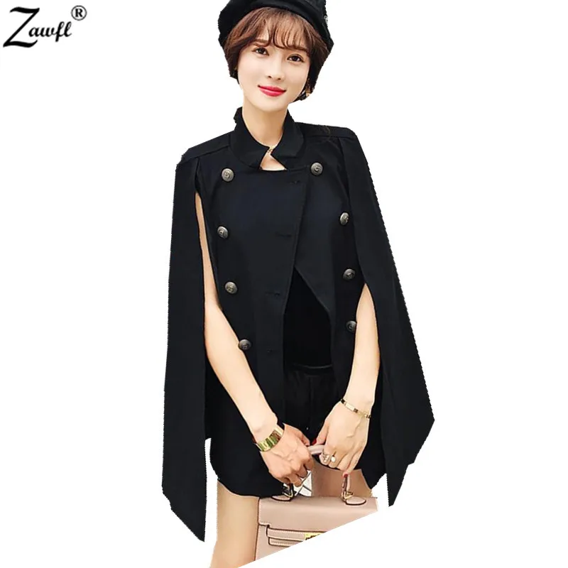 

ZAWFL Double Breasted Cape Coat Vintage Black 2020 Autumn Winter Scallop Edge Outerwear Women Casual Elegant Lapel Slim Coat