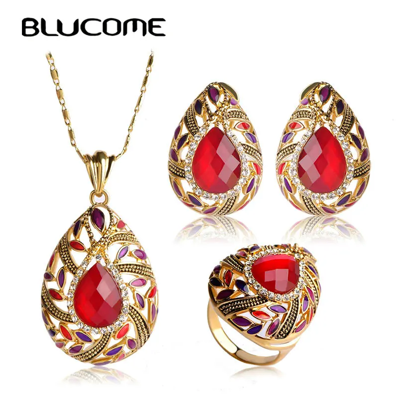 Blucome Red Water Drop Shape Jewelry Sets Resin Necklace Earrings Ring Set Pendant Crystal Antique Gold-color Women Lady Bijoux
Blucome Red Water Drop Shape Jewelry Sets Resin Necklace Earrings Ring Set Pendant Crystal Antique Gold-color Women Lady Bijoux