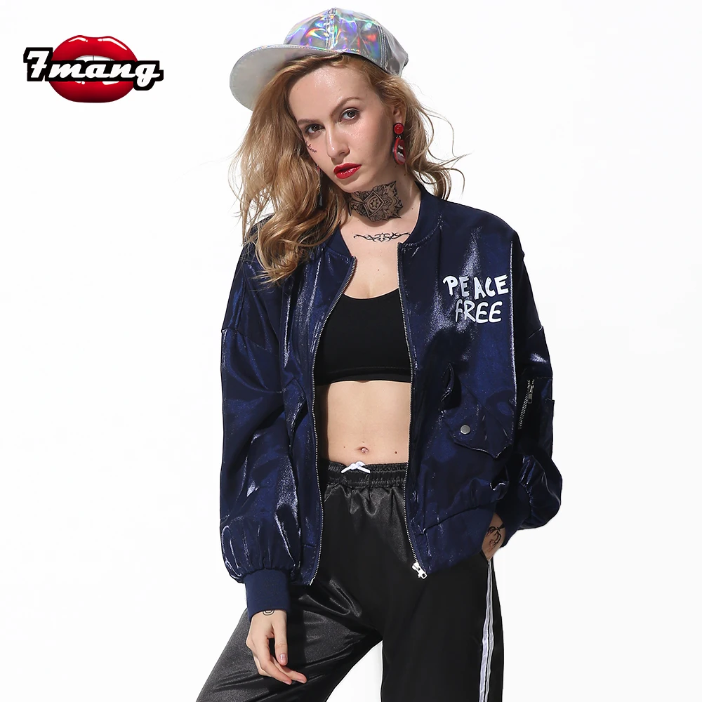 2019 new autumn women street hiphop black blue bright letter printing jackets long sleeve loose cool fashion zipper coat | Женская