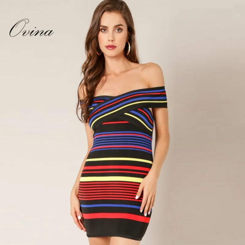 Colorful Striped Slash Neck Sexy Mini Bodycon Bandage Dress Celebrity Party Dress Women Dress
Colorful Striped Slash Neck Sexy Mini Bodycon Bandage Dress Celebrity Party Dress Women Dress