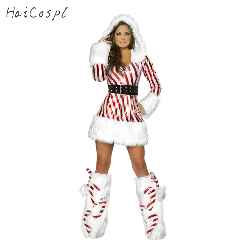 Good Quality Christmas Hoodies Dress White Red Stripes Style Sexy Hot Carnival Party Show Costume Women Slim Cosplay For Adult |