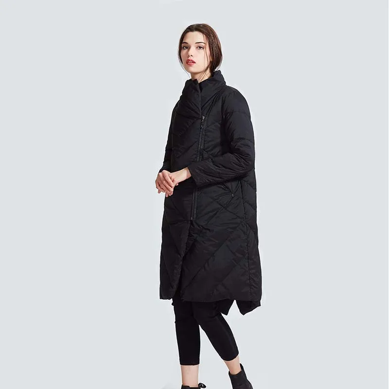 FYYIYI 2019 Winter New Original Large Size Down Jacket Solid Color High Collar Slung Zipper Women's Thick Warm Coat | Женская одежда