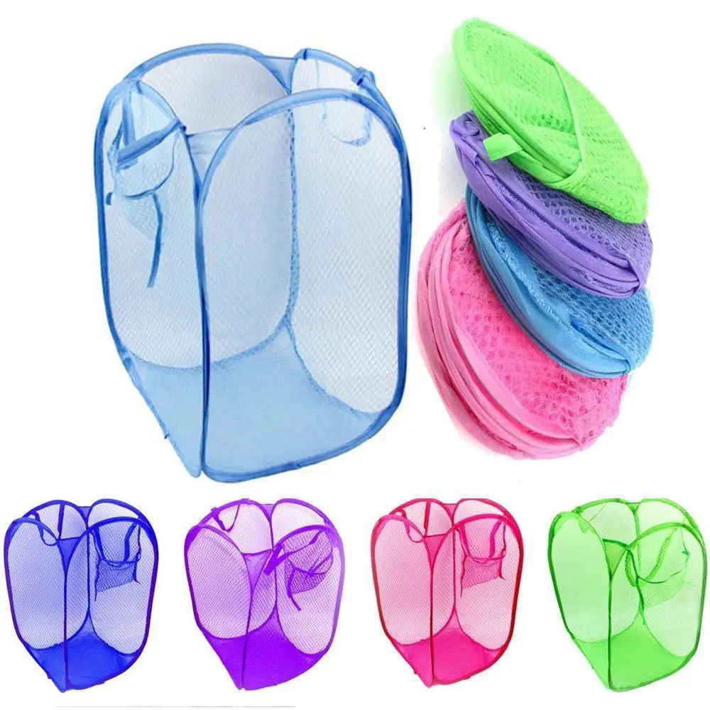 1Pcs Candy Color Nylon Mesh Fabric Foldable Large Laundry Basket Household Dirty Clothes Bag Washing Child Storage Organization | Дом и сад