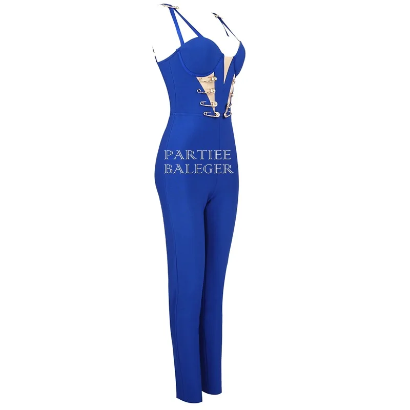 

PB Hot New Chic Pin Embellished Bandage Jumpsuit Sexy V Neck Spaghetti Strap Mesh Splicing Celebrity Party Jumpsuit