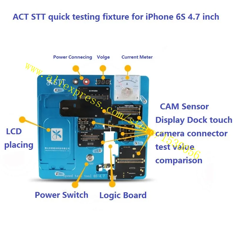 ACT STT quick testing fixture for iPhone 6S 4.7 inch CAM Sensor Display Dock touch camera connector test value comparison
ACT STT quick testing fixture for iPhone 6S 4.7 inch CAM Sensor Display Dock touch camera connector test value comparison