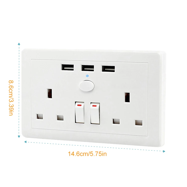 Wall Socket UK Standard Power Outlet With Three USB Smart Induction Charge Port For Mobile 5V 2.1A White Panel 146mm*86mm 5PACK
Wall Socket UK Standard Power Outlet With Three USB Smart Induction Charge Port For Mobile 5V 2.1A White Panel 146mm*86mm 5PACK