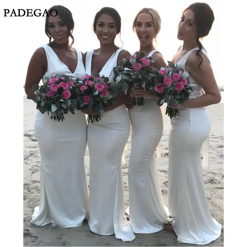New White Long Bridesmaids Dresses Mermaid V-Neck Sleeveless Satin Simple Prom Custom Made | Свадьбы и торжества