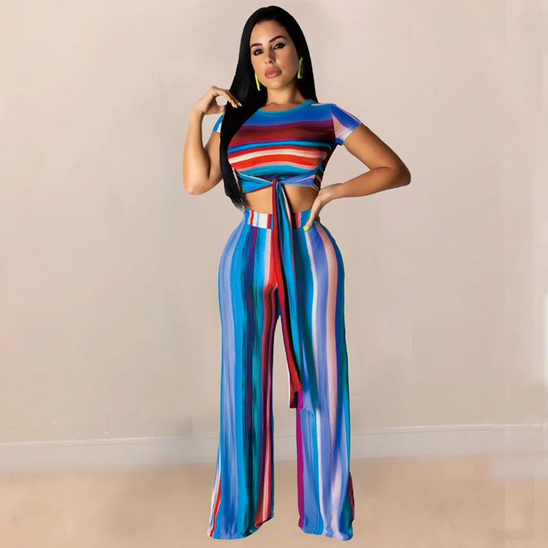 2019 New Arrival Summer Striped Elegant 2 Piece Outfits For Women Tracksuit Sports Suit Belt Fitness Two Set Top And Pants | Женская