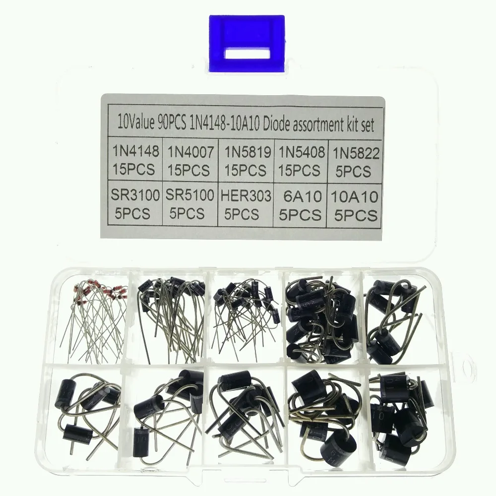 10 Values 90pcs 1N4148~10A10 1N4007 1N5819 1N5408 1N5822 SR3100 SR5100 HER303 6A10 Rectifier Diode Bridge Assorted Kit Set
10 Values 90pcs 1N4148~10A10 1N4007 1N5819 1N5408 1N5822 SR3100 SR5100 HER303 6A10 Rectifier Diode Bridge Assorted Kit Set