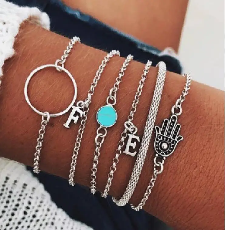 pack of 6 personality creative bangle bracelet with letter pendant design in mixed link chains
pack of 6 personality creative bangle bracelet with letter pendant design in mixed link chains