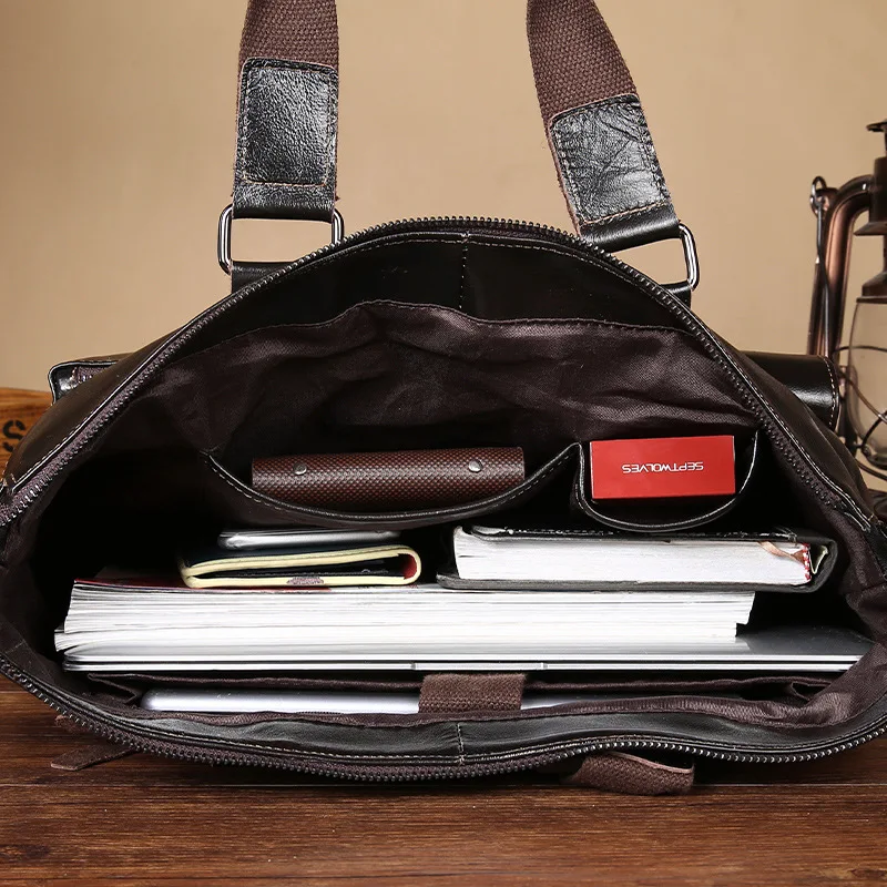 100% Natural First Layer Cow Leather Men Handbags14" Laptop Bag Genuine Leather Briefcase
