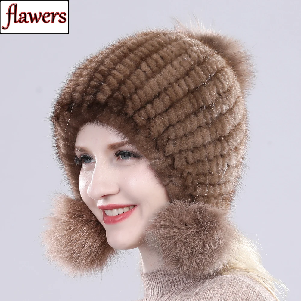

Winter Hot Sale Women Real Mink Fur Hat Natural Hand Knitted Mink Fur Cap With Fox Fur Pom Poms Lady Warm 100% Genuine Fur Hats