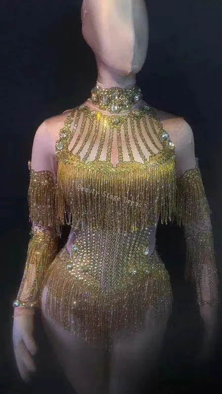 Sparkly Crystals Stretch Fringes Bodysuit Women's Party Evening Celebrate Tassel Costume Outfit Singer Dance Stage Show Wear |