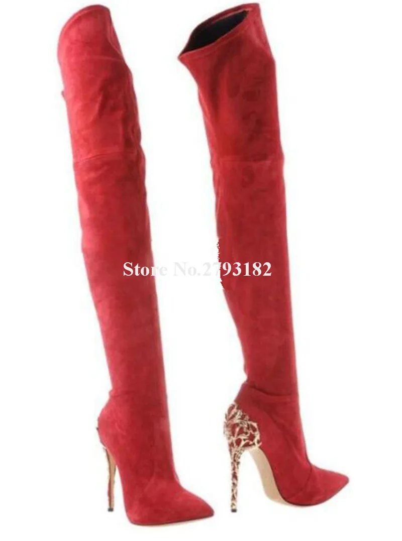 Women Fashion Pointed Toe Suede Leather Metal Caged Thin Heel Over Knee Boots Red Blue Black Gold Metal Heel Long High Heel Boot
Women Fashion Pointed Toe Suede Leather Metal Caged Thin Heel Over Knee Boots Red Blue Black Gold Metal Heel Long High Heel Boot