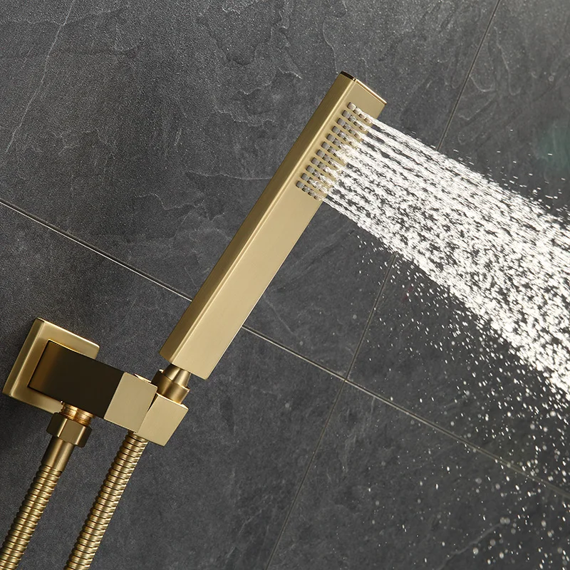 Brushed Gold All brass Bathroom Shower Set 8 Inch Rainfall Head Faucet Wall Mounted Arm Mixer Diverter | Обустройство