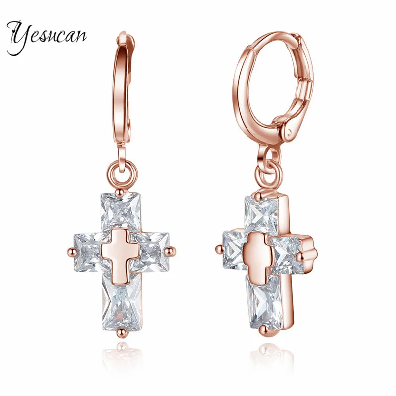 Серьги Yesucan мужские с крестом серьги из розового золота фианитом модные для