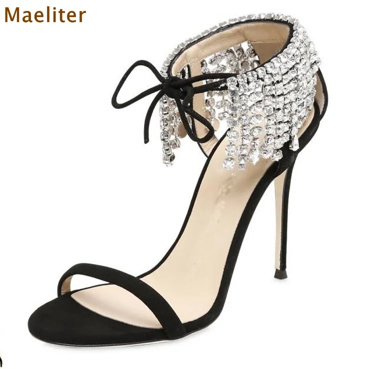

Women Luxurious Bling Bling Crystal Sandals Thin High Heel Ankle Drape Fringe Rhinestone Dress Shoes Lace-Up Wedding Sandals