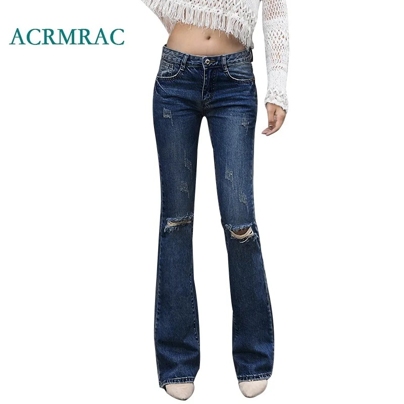 

ACRMRAC Women's jeans 2018 Spring and autumn Slim Solid color blue Middle waist Holes Panelled Skinny Flare Pants Full Length je