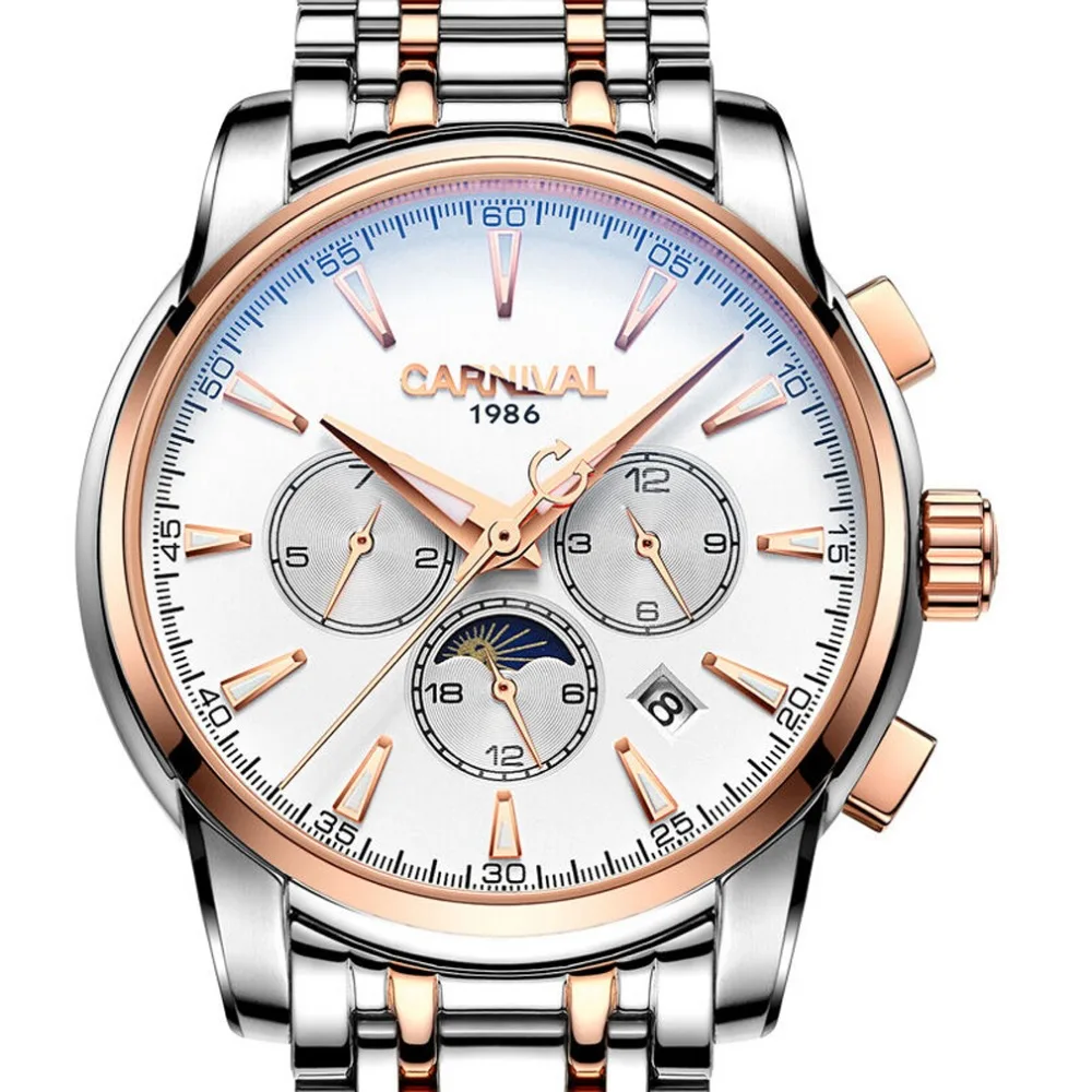 Carnival Mens Business Multifunction Dial Steel Watchband Automatic Self-Wind Mechanical Watch Wristwatch -gold bezel white dial
Carnival Mens Business Multifunction Dial Steel Watchband Automatic Self-Wind Mechanical Watch Wristwatch -gold bezel white dial