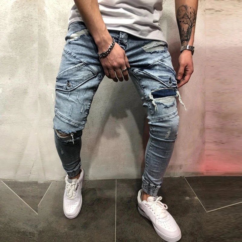 Мужские рваные проблемных хип хоп Уличная Рваные джинсы Slim Fit прямые синие Винтаж
