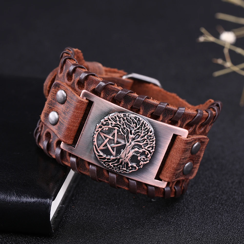 LIKGREAT Tree of Life подвеска с пентаграммой браслет для мужчин кожа Wicca винтажные