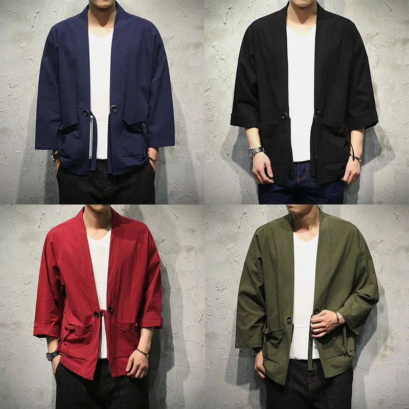 Фото Новинка 2021 Высококачественная Мужская куртка в стиле Харадзюку летнее кимоно