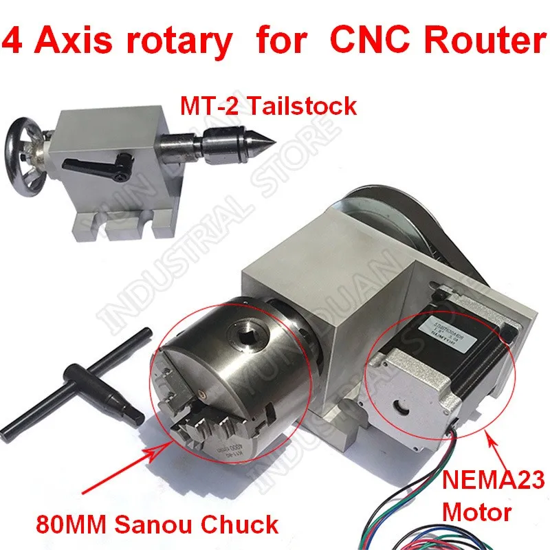 4 Axis rotation A Axis Extend Rotary & Nema23 stepper motor 3 Jaw 80mm Chuck& MT2 Tailstock for wood CNC Milling Router
4 Axis rotation A Axis Extend Rotary & Nema23 stepper motor 3 Jaw 80mm Chuck& MT2 Tailstock for wood CNC Milling Router