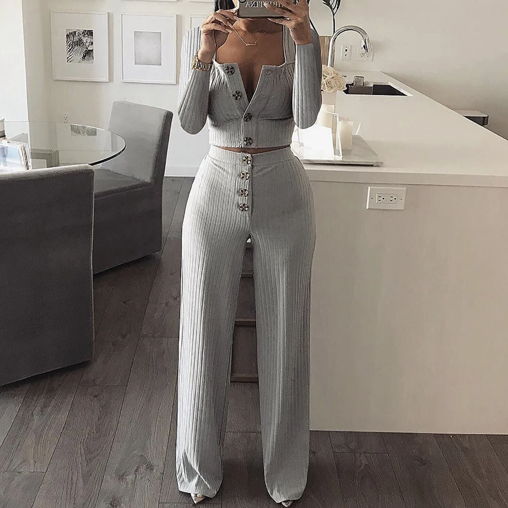 Womens 2Pcs Gray V-Neck Long Sleeve Button Fly Crop Knitted Pullover+Pants Wide Leg Pants Slim Casual High Quality 2018 New 2Pc
Womens 2Pcs Gray V-Neck Long Sleeve Button Fly Crop Knitted Pullover+Pants Wide Leg Pants Slim Casual High Quality 2018 New 2Pc