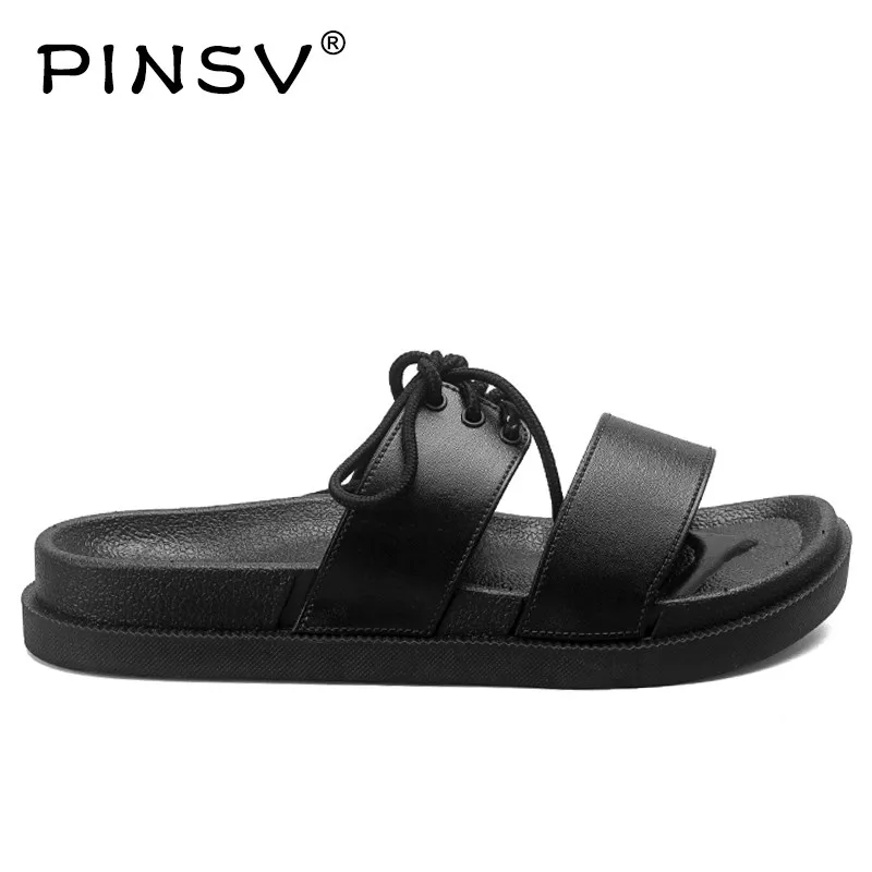 PINSV тапочки Унисекс Мужская обувь домашние кожаные сандалии мужские черные