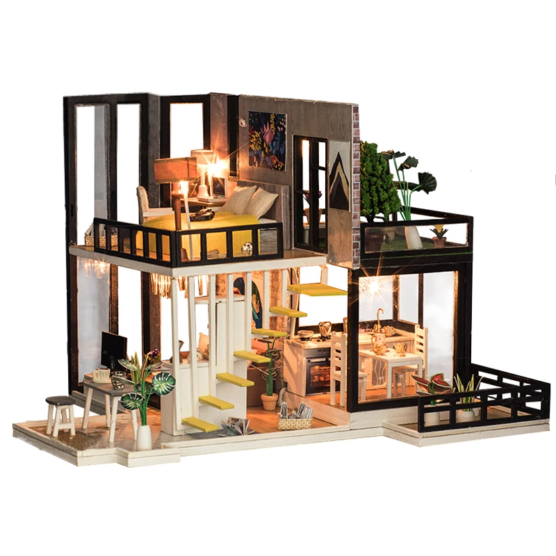 

New 3D Miniaturas Doll House DIY Wooden dollhouse Miniature Doll Houses Furniture Kit Villa LED Lights Toys for Children Gifts