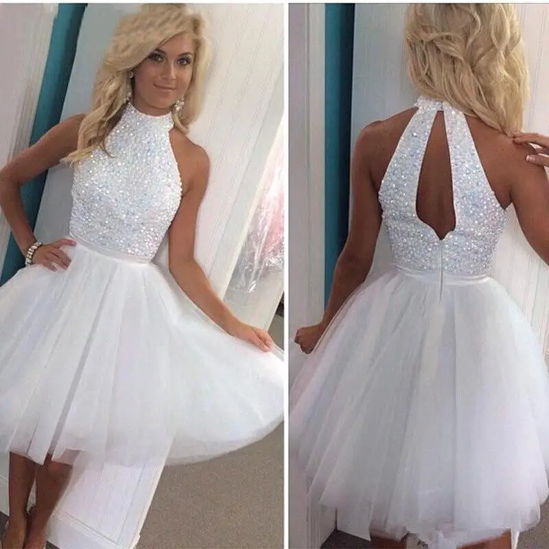 White Homecoming Dresses A-line Halter Beaded Crystals Short Mini Elegant Cocktail Dresses
White Homecoming Dresses A-line Halter Beaded Crystals Short Mini Elegant Cocktail Dresses