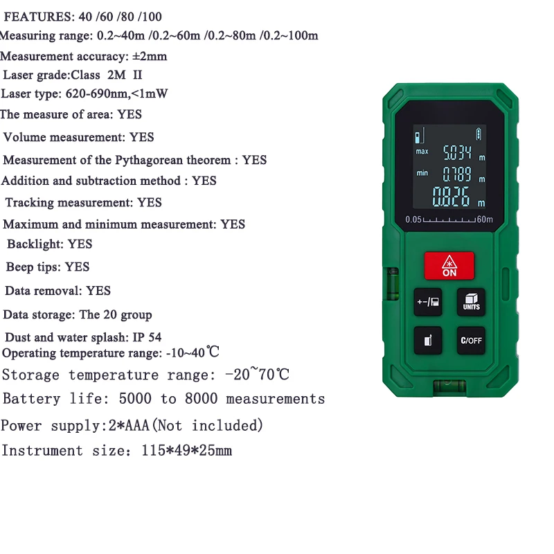 40M 60M 80M 100M Green Laser Distance Meter Laser Rangefinder Laser Tape Range Finder Build Measure Device Ruler Test Tool
40M 60M 80M 100M Green Laser Distance Meter Laser Rangefinder Laser Tape Range Finder Build Measure Device Ruler Test Tool