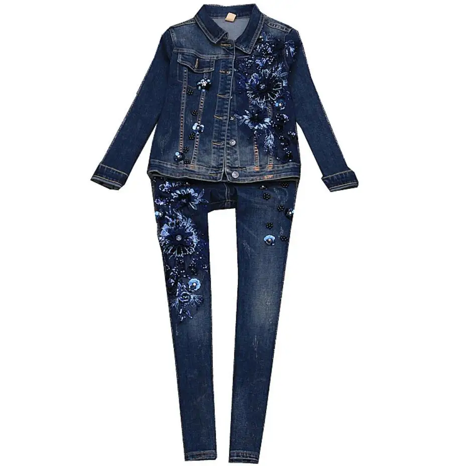 

Женская джинсовая куртка с вышитыми цветами и заклепками, с блестками + узкие джинсы-карандаш, комплект из двух предметов, весна-осень-зима