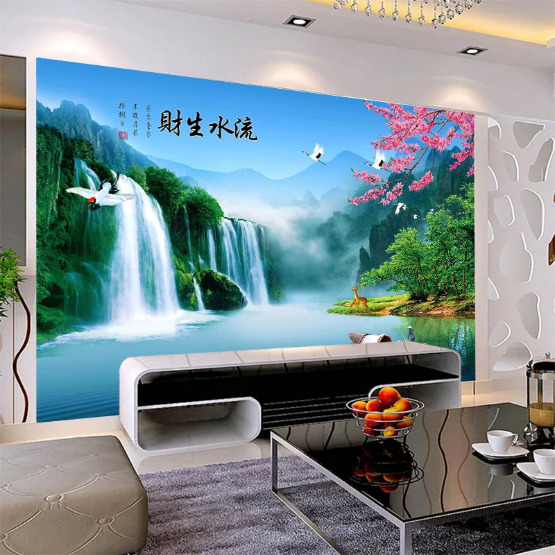 Customized mural wallpaper large 3D Chinese style landscape with waterfall Chinese language behind sofa as background in room
Customized mural wallpaper large 3D Chinese style landscape with waterfall Chinese language behind sofa as background in room