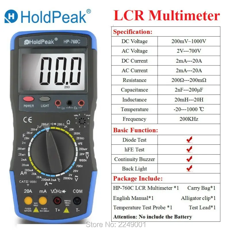HoldPeak HP-760C Digital LCR Multimeter Inductance Capacitance Meter with AC/ DC Voltage Current Resistance Test and Carry Bag
HoldPeak HP-760C Digital LCR Multimeter Inductance Capacitance Meter with AC/ DC Voltage Current Resistance Test and Carry Bag