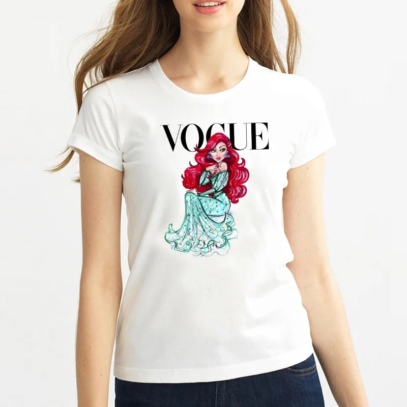 2019 Фирменная новинка Женская футболка с татуировкой Vogue принцесса принт модал