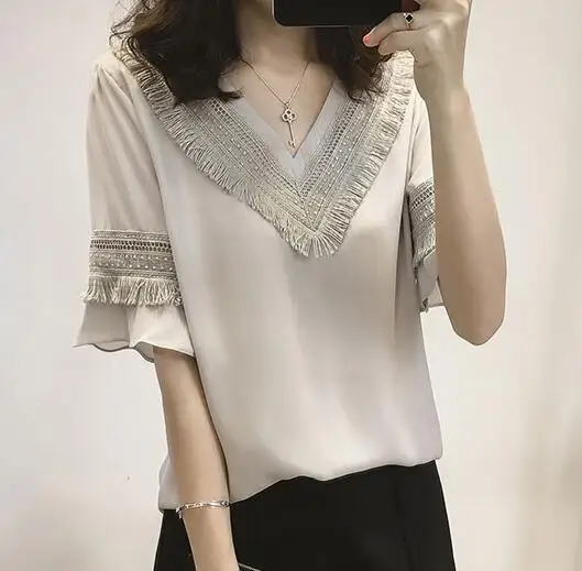 New Women Casual Basic Summer Lace Chiffon Blouse Top Shirt short sleeves V-neck blusas patchwork elegant Plus Size
New Women Casual Basic Summer Lace Chiffon Blouse Top Shirt short sleeves V-neck blusas patchwork elegant Plus Size