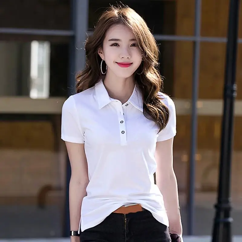 High Quality 2022 Summer New Solid Women Polo Shirt Short Sleeve Casual Ladies Lapel T-Shirts Fashion Fit Slim Lapel Female Tees
High Quality 2022 Summer New Solid Women Polo Shirt Short Sleeve Casual Ladies Lapel T-Shirts Fashion Fit Slim Lapel Female Tees