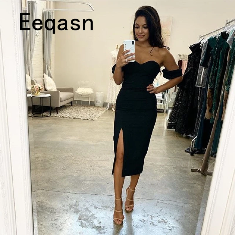 Vintage Tea Length Black Evening Dresses 2020 Off Shoulder Side Slit Sheath Prom Gowns Formal Party Dresses robe de mariee
Vintage Tea Length Black Evening Dresses 2020 Off Shoulder Side Slit Sheath Prom Gowns Formal Party Dresses robe de mariee