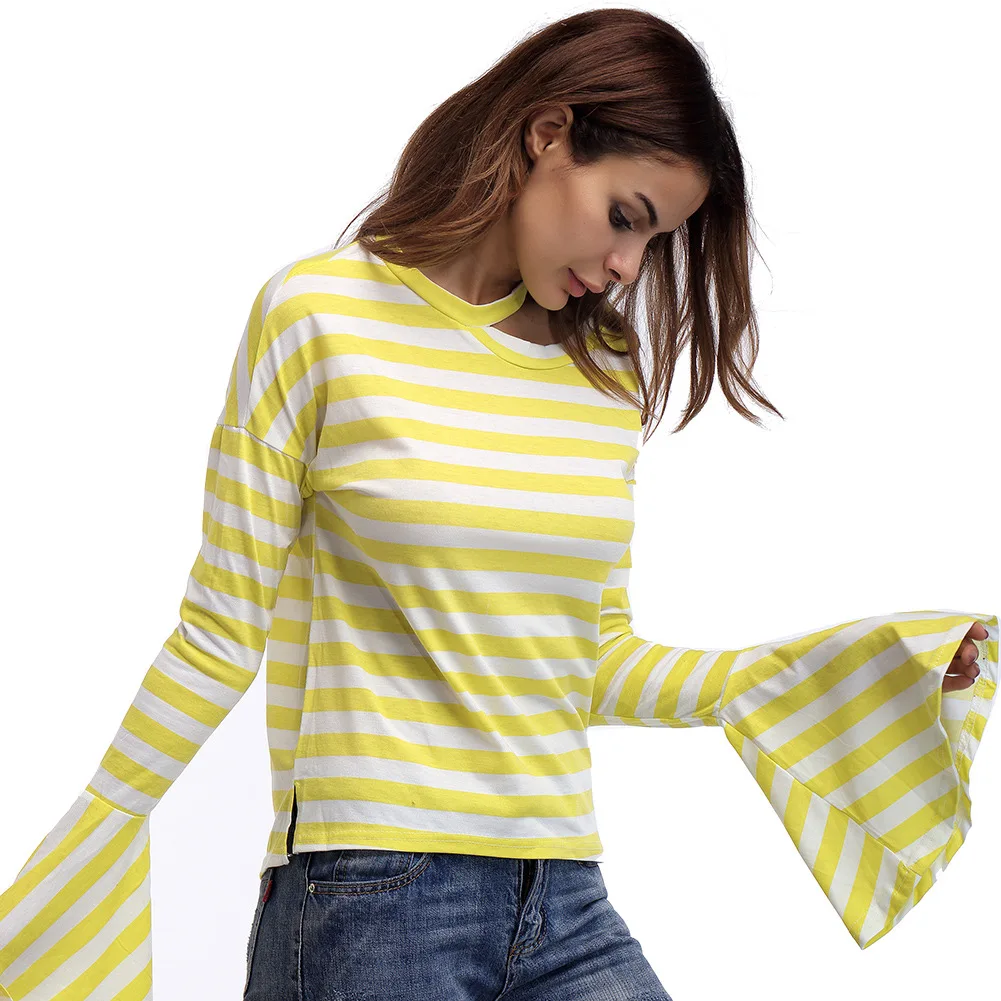 Women Clothing 2019 Autumn New Fashion Casual Shirt Long Flare Sleeve Hollow Out O-Neck Tops Lady Sexy Striped T-Shirts
Women Clothing 2019 Autumn New Fashion Casual Shirt Long Flare Sleeve Hollow Out O-Neck Tops Lady Sexy Striped T-Shirts