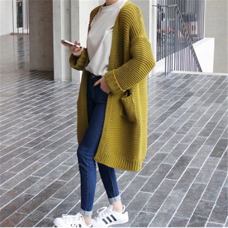 Женский свитер длинный кардиган 2018 Модный осенне-зимний стиль рукав свободный