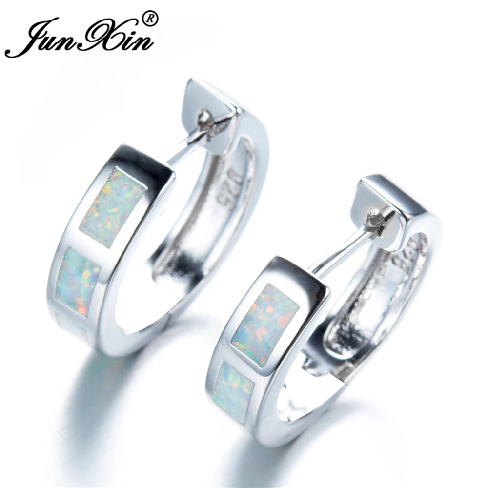 Женские серьги-кольца JUNXIN круглые серебряные серьги с белым огненным опалом