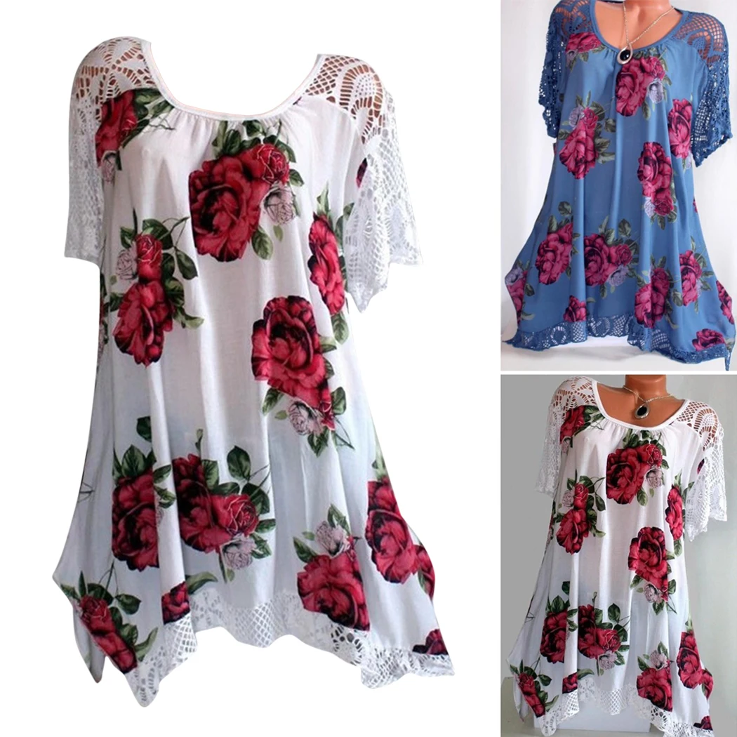 2018 Летняя мода Женская Oversize кружева лоскутное Цветочный принт короткий рукав