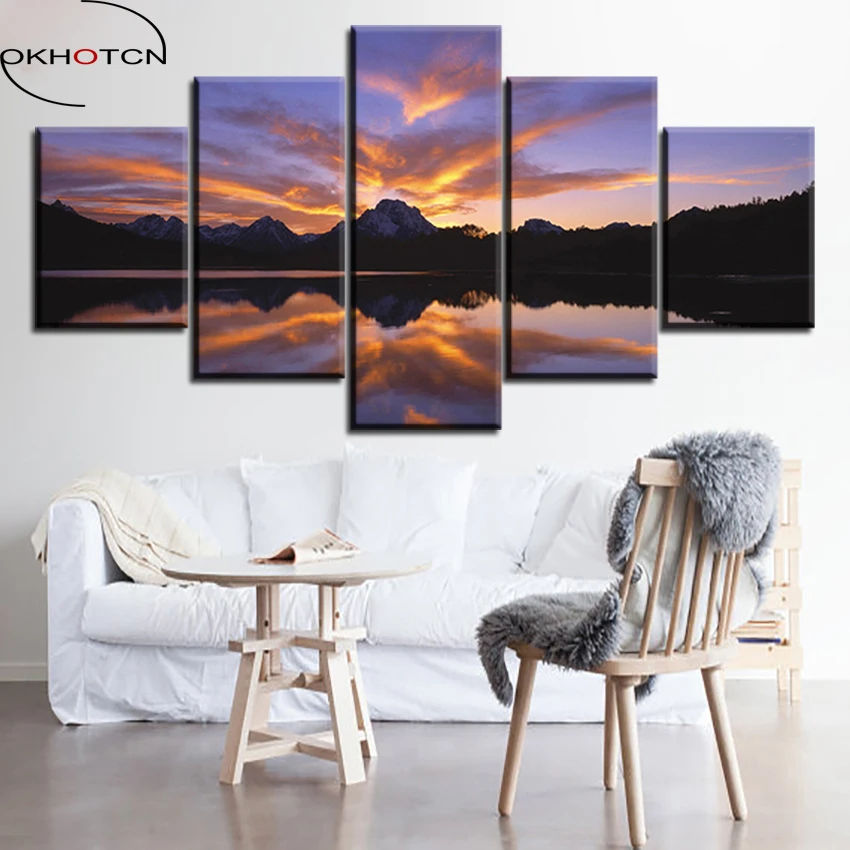 

OKHOTCN Sky Sunset Mountains Clouds Lake Framed Oil Painting Canvas Prints Wall Art Pictures For Modern Living Room Decorations