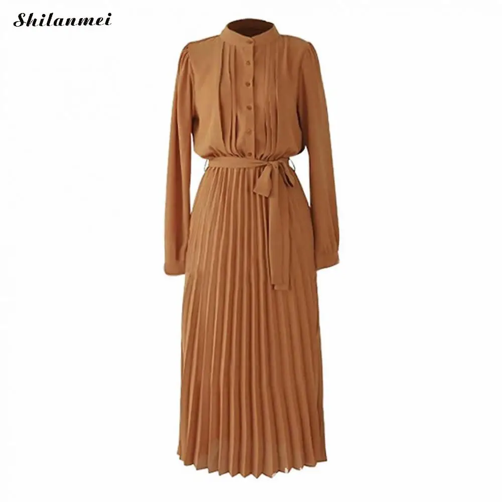 2020 Autumn Spring Women Elegant Long Dress Female Solid Long Sleeve Belt Lace Up Dress Loose Casual Office Lady Pleated Dress 
2020 Autumn Spring Women Elegant Long Dress Female Solid Long Sleeve Belt Lace Up Dress Loose Casual Office Lady Pleated Dress