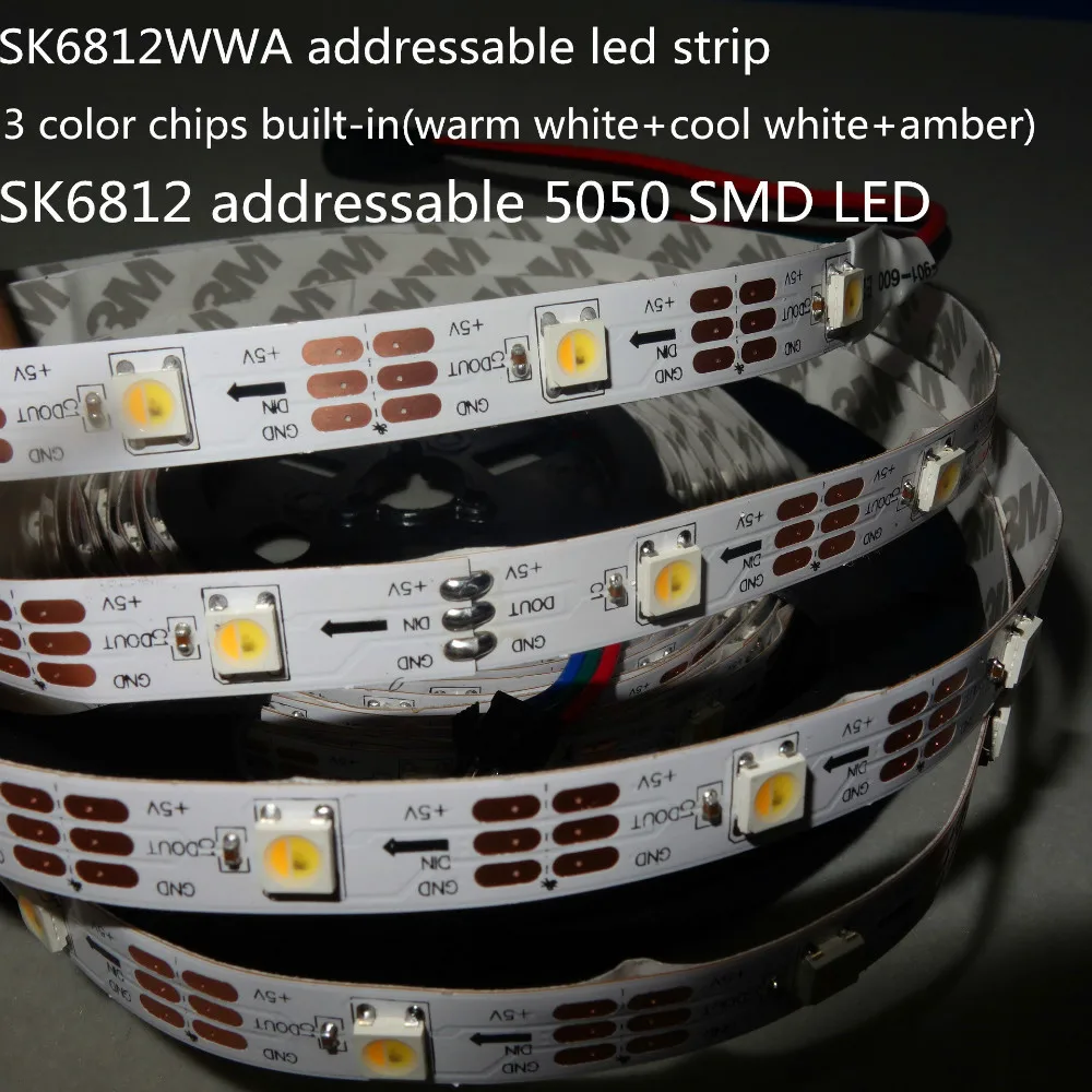 SK6812WWA(SK6812 IC+warm white+cool white+amber chips inside) led addressable strip;30leds/m;non-waterproof;5m long;DC5V input
SK6812WWA(SK6812 IC+warm white+cool white+amber chips inside) led addressable strip;30leds/m;non-waterproof;5m long;DC5V input