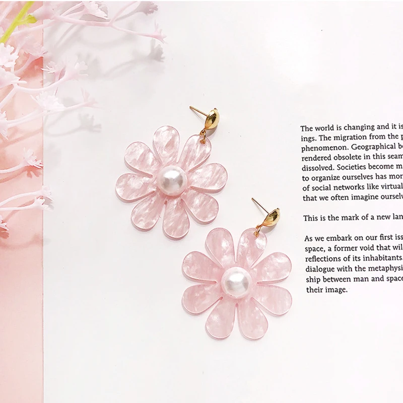 Romantic Pink White Acrylic Drop Earrings For Women Jewelry Big Flower Square Irregular Dangle Female Statement Gift | Украшения и