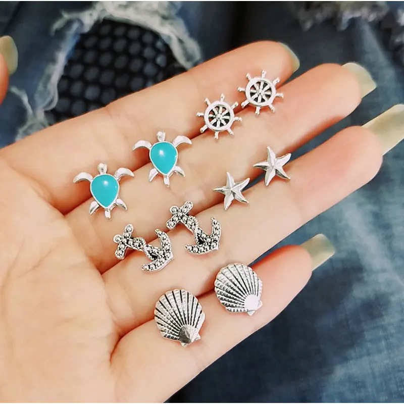 

Summer Beach New Shell Anchor Cruise Ship Turtle Starfish Stud Earrings Set Hot Women Fashion 5 Pair Earrings Set For Summer