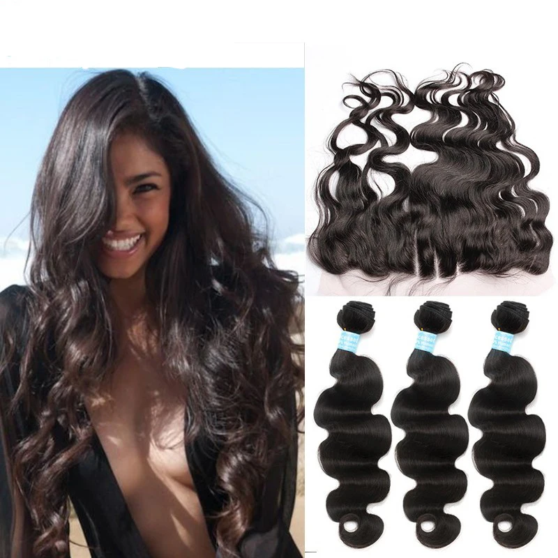 7A Peruvian Body Wave Lace Frontal Closure With Bundles 4pcs 3 Virgin Hair Free Hairnet | Шиньоны и парики